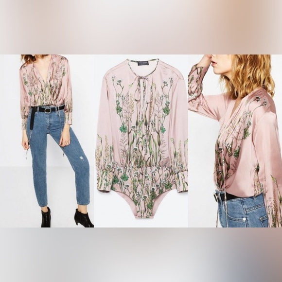 Zara Blush Pink Silky Satiny Long Sleeve Bodysuit Floral Graphic Design Small - Picture 1 of 9